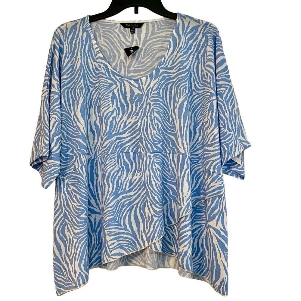 NWT Yak & Yeti Blue Zig Zag Zebra Striped Short Sleeve Blouse L/XL